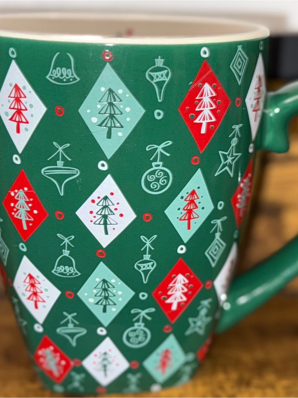 Festive Green Holiday Mug with Red & Mint Tree Pattern‎